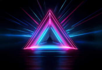 A glowing pink and blue triangle with a reflective surface, radiating light beams in a dark background.