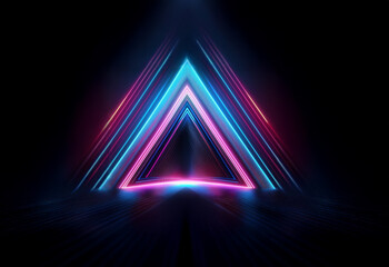 Aufkleber - A glowing blue and pink neon triangle sits on a black background.  A spotlight shines down from above the triangle.