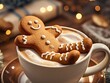 © scarlett - Gingerbread cookie man in a cup of hot chocolate or cappuccino on wooden desk with sunlight