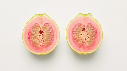 A vibrant guava fruit cut in half, revealing its juicy pink interior and seeds, beautifully displayed on a clean white background for a fresh look