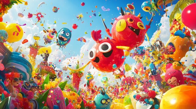 A whimsical depiction of kiwi characters enjoying a music festival, surrounded by colorful decorations, set against a bright white background