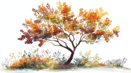 Artistic autumn tree sketch with colorful foliage and nearby plants set against a white backdrop
