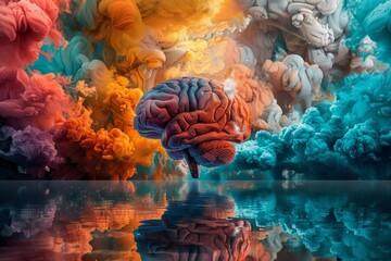 Wall Mural - A human brain emerging from a colorful and abstract nebula, reflected in a still lake. AI generative. .