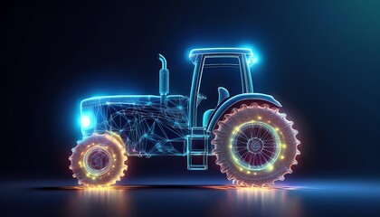 A glowing, futuristic tractor is depicted with neon blue lines and vibrant wheel designs, showcasing modern technology and agriculture.