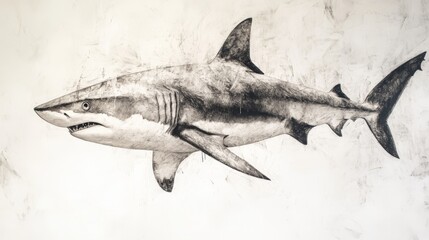 Poster - Artistic sketch of a shark fish gliding through the ocean depths, with detailed fins and texture, set against a white backdrop