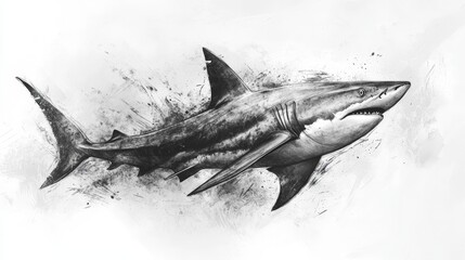 Poster - Artistic sketch of a shark fish gliding through the ocean depths, with detailed fins and texture, set against a white backdrop
