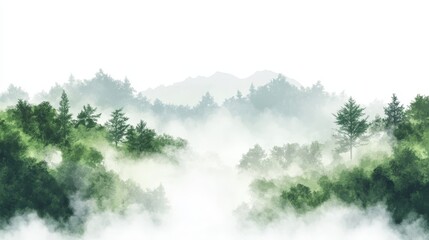 Poster - Artistic white backdrop displaying a serene evergreen forest, with mist swirling among the trees, creating a calm and ethereal landscape