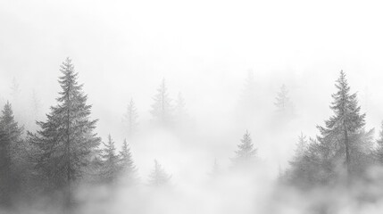 Poster - Artistic white backdrop displaying a serene evergreen forest, with mist swirling among the trees, creating a calm and ethereal landscape