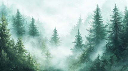 Poster - Artistic white backdrop displaying a serene evergreen forest, with mist swirling among the trees, creating a calm and ethereal landscape