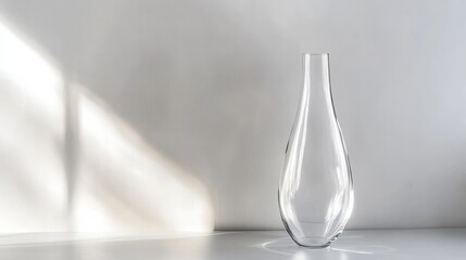 Poster - Artistic white backdrop featuring a clear, tall glass vessel, showcasing the vessel's transparency and elegant, empty form