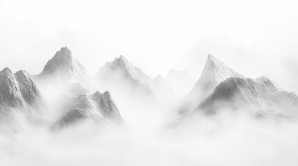 Poster - Artistic white backdrop of a tranquil, misty mountain landscape, highlighting the soft fog draped over the majestic peaks for a calming effect