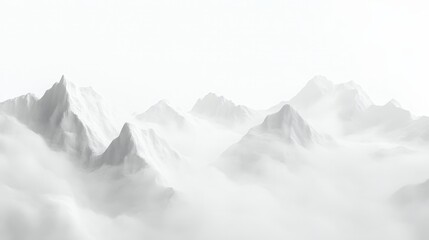 Poster - Artistic white backdrop of a tranquil, misty mountain landscape, highlighting the soft fog draped over the majestic peaks for a calming effect