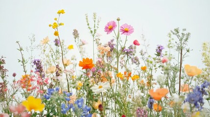 Poster - Artistic white backdrop showcasing a colorful cluster of wildflowers in bloom, highlighting the diverse and vivid hues of nature palette