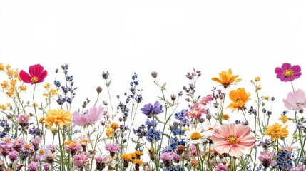 Poster - Artistic white backdrop showcasing a colorful cluster of wildflowers in bloom, highlighting the diverse and vivid hues of nature palette