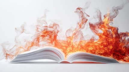 Poster - Artistic white backdrop with a book publication and flames engulfing the pages, capturing the fiery essence and influence of written material