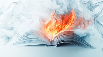 Poster - Artistic white backdrop with a book publication and fire enveloping the pages, representing the powerful and transformative effects of literature