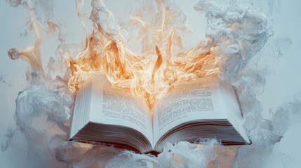 Poster - Artistic white backdrop with a book publication and fire enveloping the pages, representing the powerful and transformative effects of literature