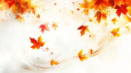 Fototapete - Artistic white background displaying a swirl of autumn maple leaves falling, evoking the dynamic movement and beauty of the fall season in a clean style