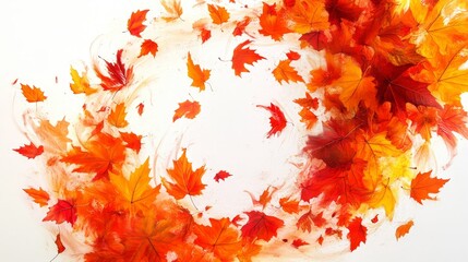 Fototapete - Artistic white background displaying a swirl of autumn maple leaves falling, evoking the dynamic movement and beauty of the fall season in a clean style