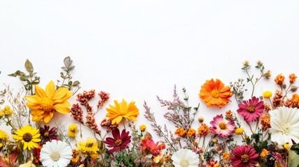 Poster - artistic white background featuring a colorful mix of wildflowers in autumn, showcasing the vibrant 