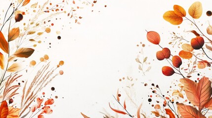 Poster - Artistic white background featuring detailed autumn foliage and plant designs, celebrating the colors of autumn