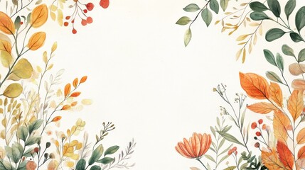 Poster - Artistic white background featuring detailed autumn foliage and plant designs, celebrating the colors of autumn
