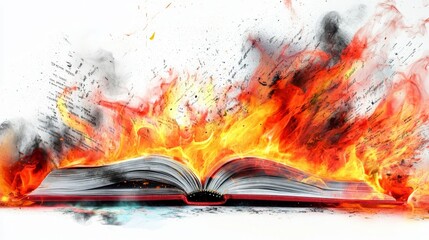 Fototapete - Artistic white background with a book publication surrounded by flames, highlighting the intense energy and influence of printed words in a striking manner
