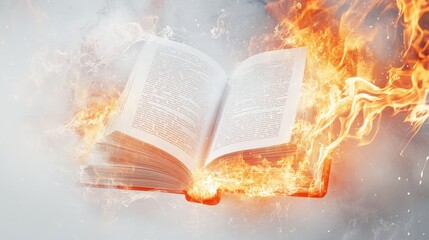 Fototapete - Artistic white background with a book publication surrounded by flames, capturing the dramatic and powerful nature of printed words and ideas