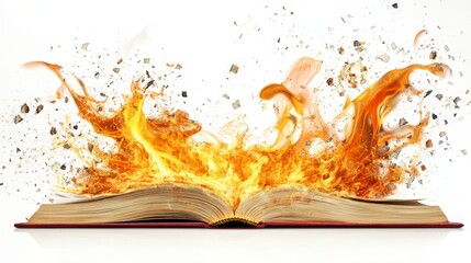 Fototapete - Artistic white background with a book publication surrounded by flames, capturing the dramatic and powerful nature of printed words and ideas