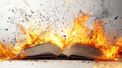 Fototapete - Artistic white background with a book publication surrounded by flames, capturing the dramatic and powerful nature of printed words and ideas