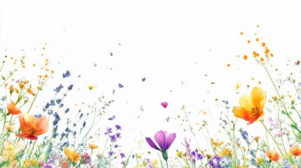 Poster - Artistic white background with a burst of colorful wildflowers in bloom, capturing the lively and cheerful nature of the floral display