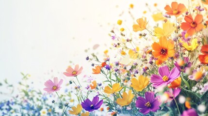 Poster - Artistic white background with a burst of colorful wildflowers in bloom, capturing the lively and cheerful nature of the floral display