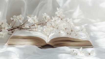 Poster - Artistic white background with a focus on a book page, highlighting the beauty of publication and the pleasure of reading in a clear and simple manner