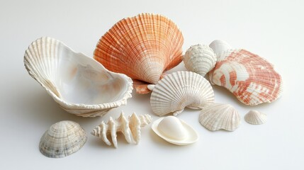 Poster - Artistic white surface displaying a single clam and assorted seashells, highlighting their unique features and the natural charm of these ocean finds