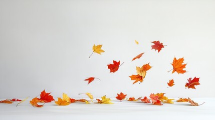 Aufkleber - Artistic white surface displaying a swirl of falling autumn maple leaves, reflecting the serene and picturesque nature of fall in a clean and effective manner