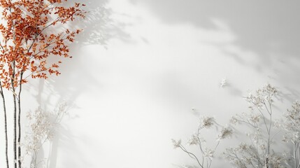 Aufkleber - Artistic white surface displaying peaceful autumn tree art and subtle plant elements, evoking a sense of fall tranquility
