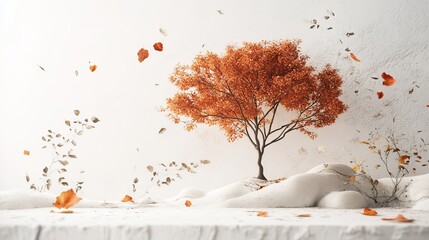 Aufkleber - Artistic white surface displaying peaceful autumn tree art and subtle plant elements, evoking a sense of fall tranquility