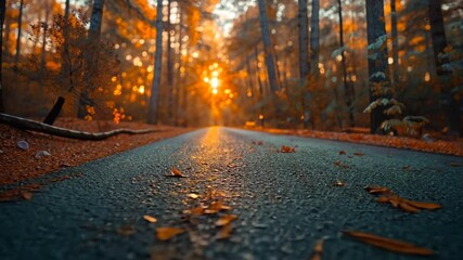 Sticker - Autumnal Road to Sunset. A picturesque asphalt road winds through a forest bathed in the warm glow of a setting sun, fallen leaves carpeting the path.