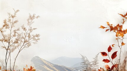 Aufkleber - Artistic white surface displaying peaceful autumn tree art and subtle plant elements, evoking a sense of fall tranquility