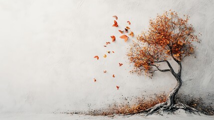 Aufkleber - Artistic white surface displaying peaceful autumn tree art and subtle plant elements, evoking a sense of fall tranquility