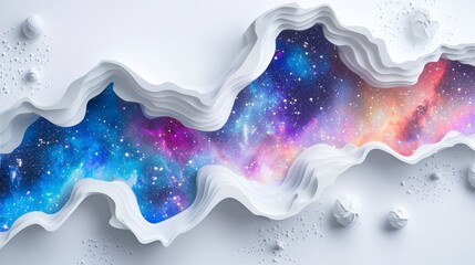 Poster - Artistic white surface featuring 3D galaxy PNG cut-out elements, capturing the vibrant hues and dimensional aspects of space imagery