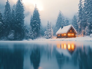 Poster - A cozy wooden cabin with windows glowing sits on the snowy shore of a frozen lake, surrounded by tall evergreen trees in a snowy winter landscape.
