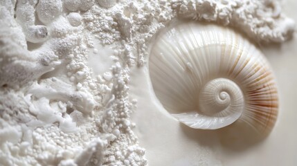 Poster - Artistic white surface featuring a close-up of a sea shell and clam, capturing their intricate details and elegance as shellfish