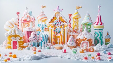 Poster - Artistic white surface featuring a fantasy candy building with intricate confectionery details and bright colors