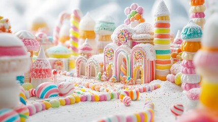 Poster - Artistic white surface featuring a fantasy candy building with intricate confectionery details and bright colors