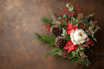 Elegant Red and Gold Christmas Background with Pine Cones, Poinsettias, Holly, Ornaments, and Festive Pine Branches Featuring Copy Space for Holiday Messages