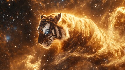 A majestic tiger with glowing fur against a starry sky, resembling a celestial being.