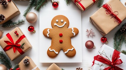 Poster - artistic white surface featuring a whimsical gingerbread woman cartoon surrounded by christmas gifts