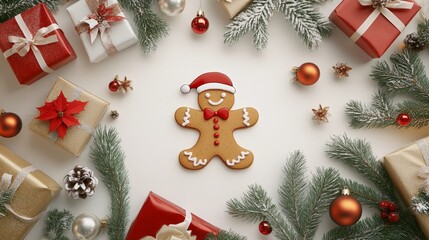 Poster - artistic white surface featuring a whimsical gingerbread woman cartoon surrounded by christmas gifts