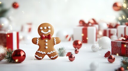 Poster - artistic white surface featuring a whimsical gingerbread woman cartoon surrounded by christmas gifts